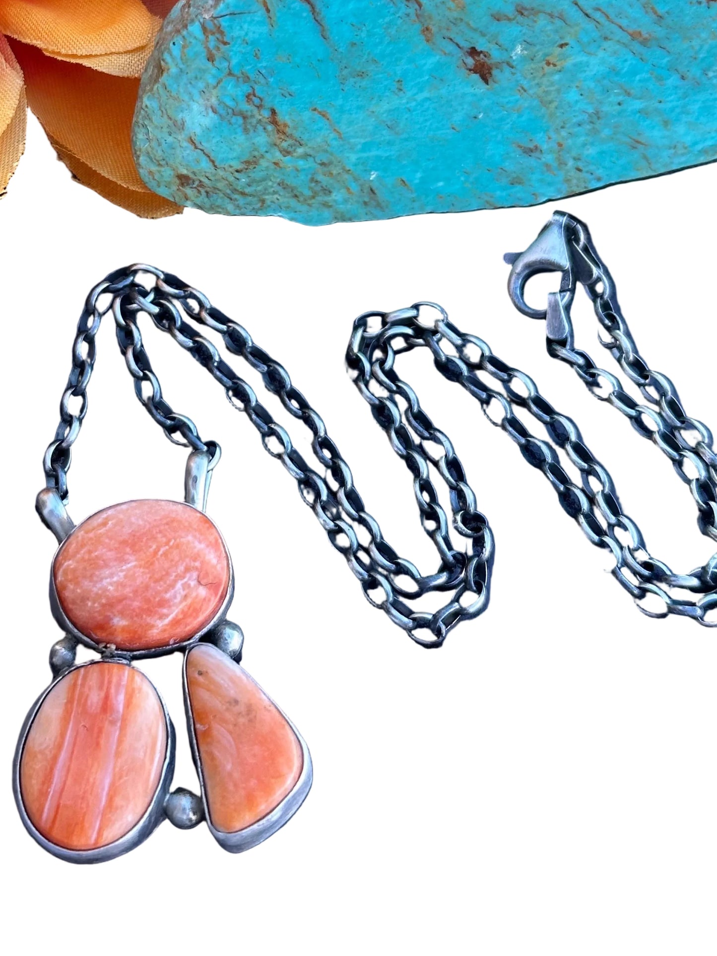 Orange Spiny 3 Stone Fixed Pendant Necklace