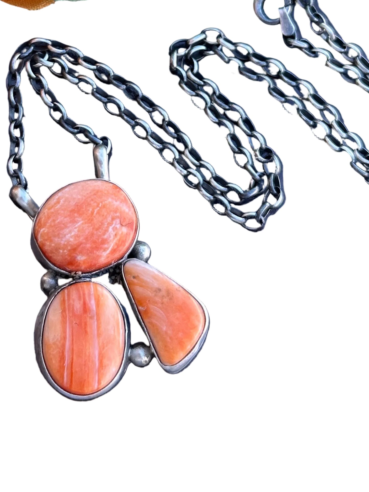 Orange Spiny 3 Stone Fixed Pendant Necklace