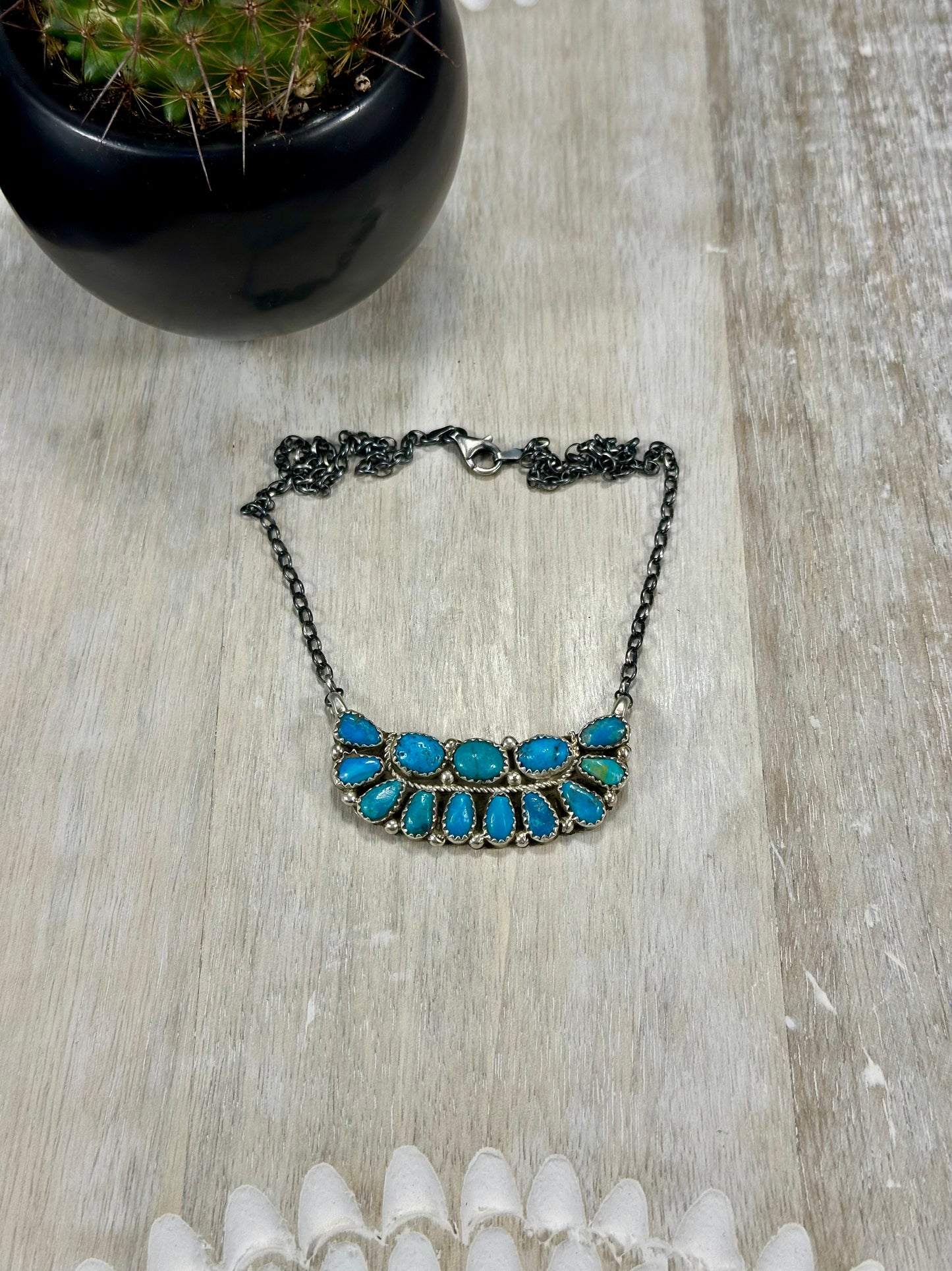 Kingman Turquoise Boat Cluster Sterling Silver Necklace