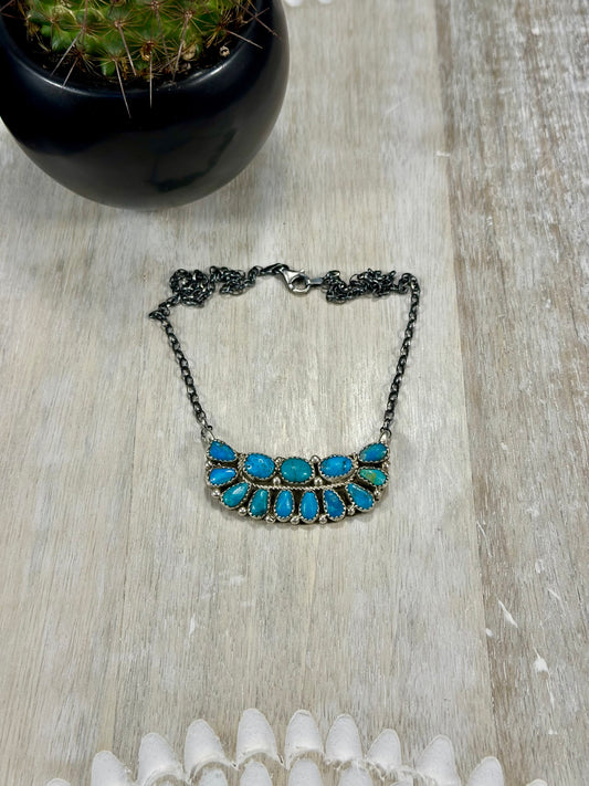 Kingman Turquoise Boat Cluster Sterling Silver Necklace