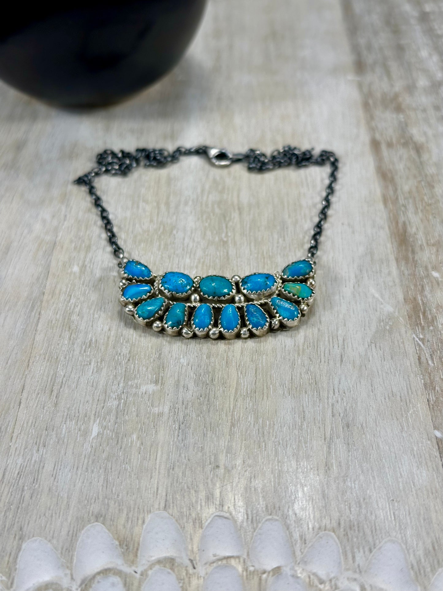 Kingman Turquoise Boat Cluster Sterling Silver Necklace