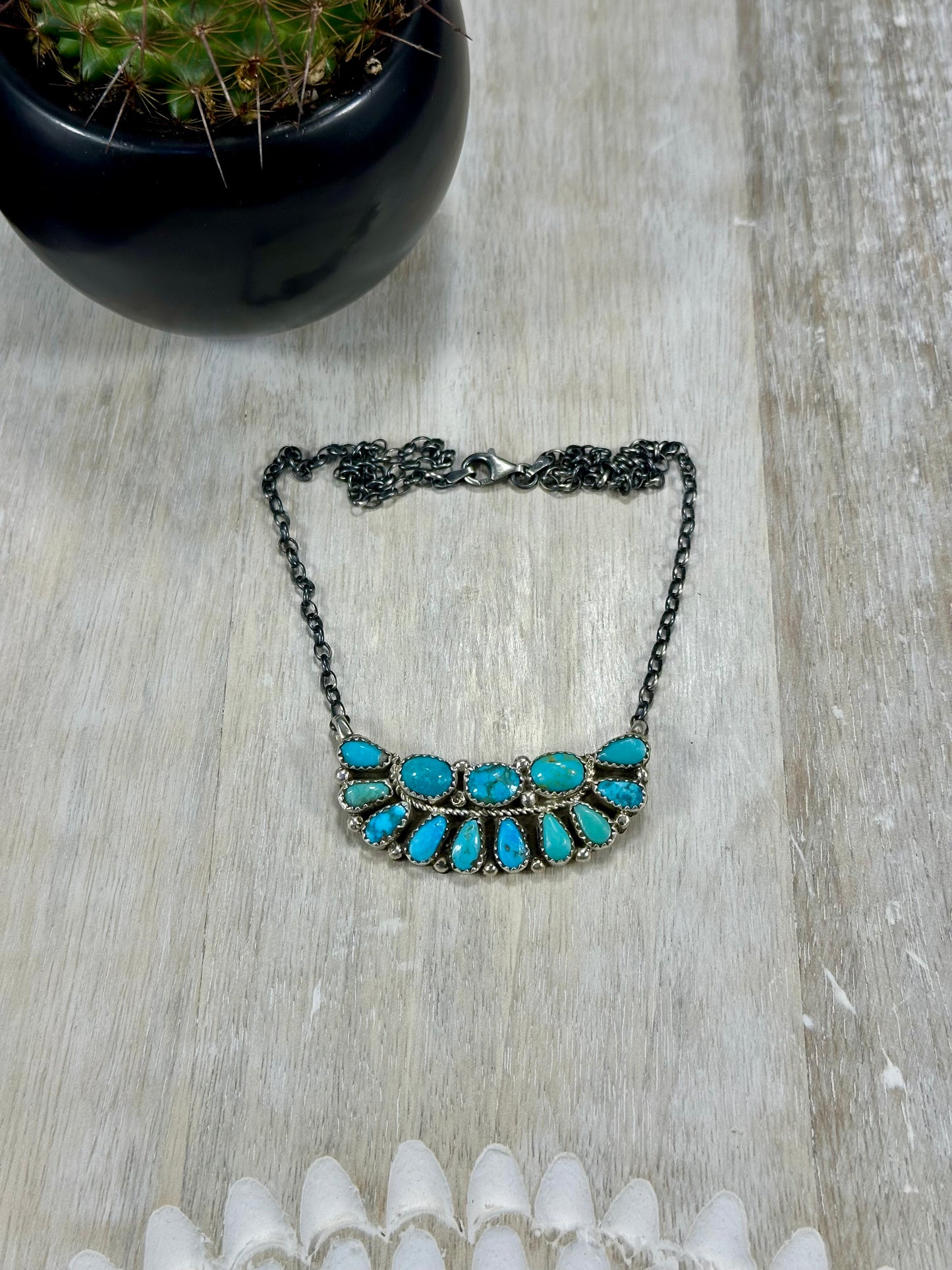 Kingman Turquoise Boat Cluster Sterling Silver Necklace