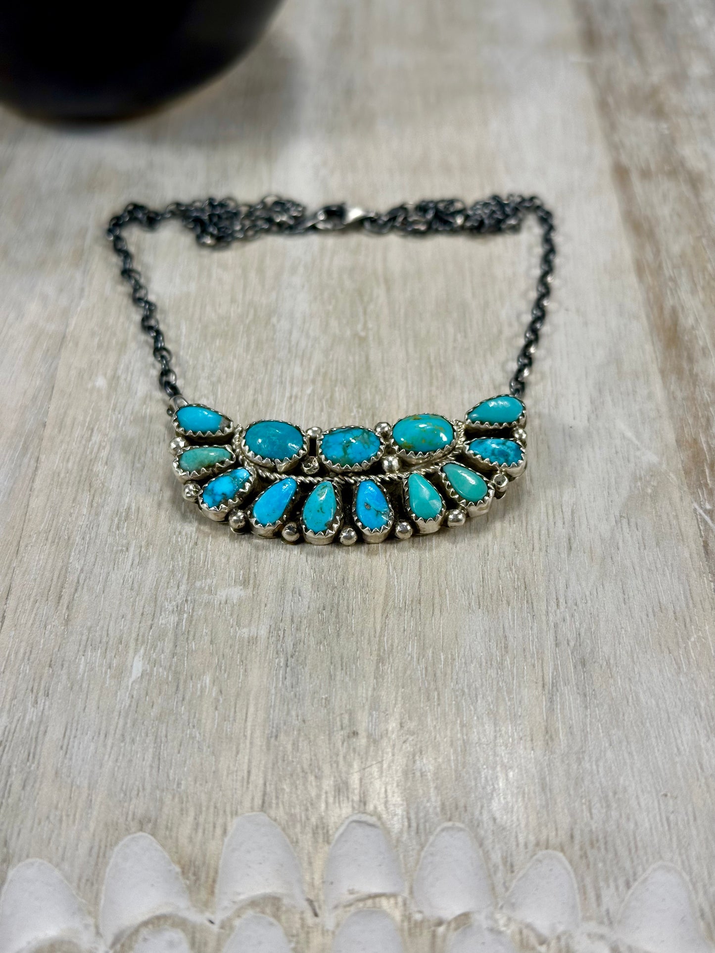 Kingman Turquoise Boat Cluster Sterling Silver Necklace