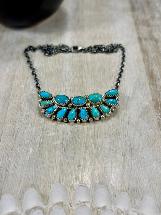 Kingman Turquoise Boat Cluster Sterling Silver Necklace