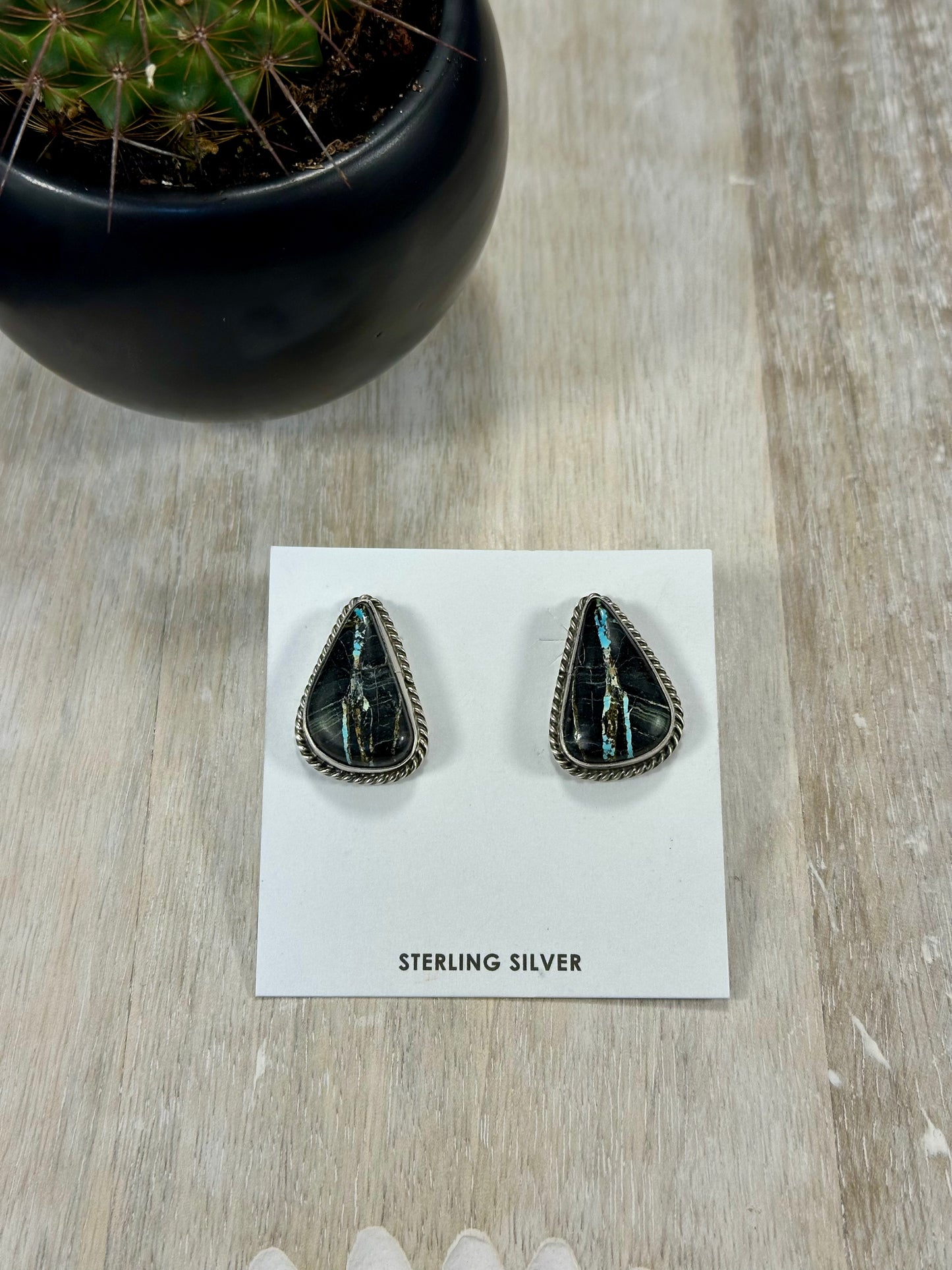 Black Jack Teardrop Sterling Silver Stud Earrings