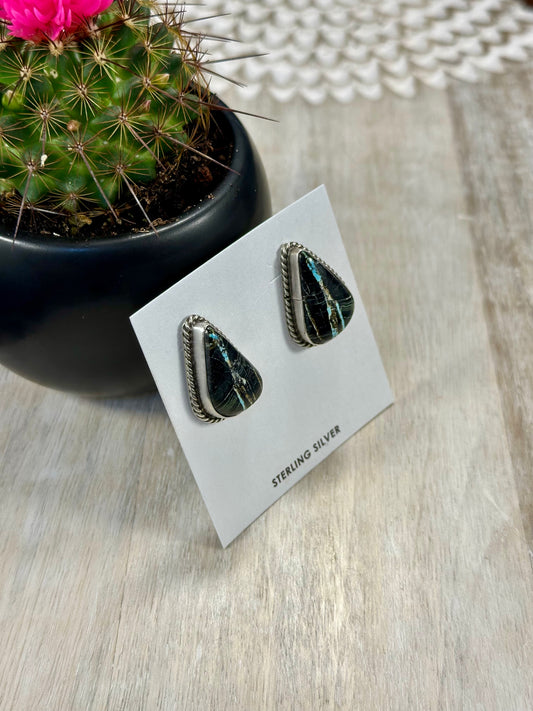 Black Jack Teardrop Sterling Silver Stud Earrings