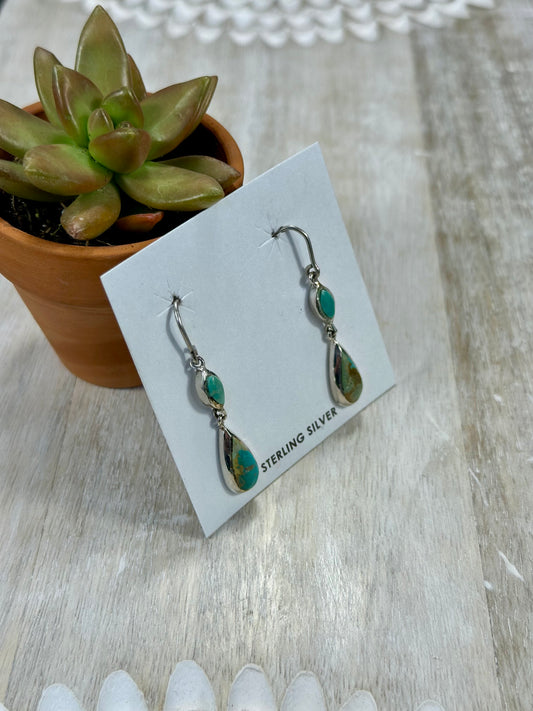 Kingman Turquoise 2 Stone Sterling Silver Dangle Earrings