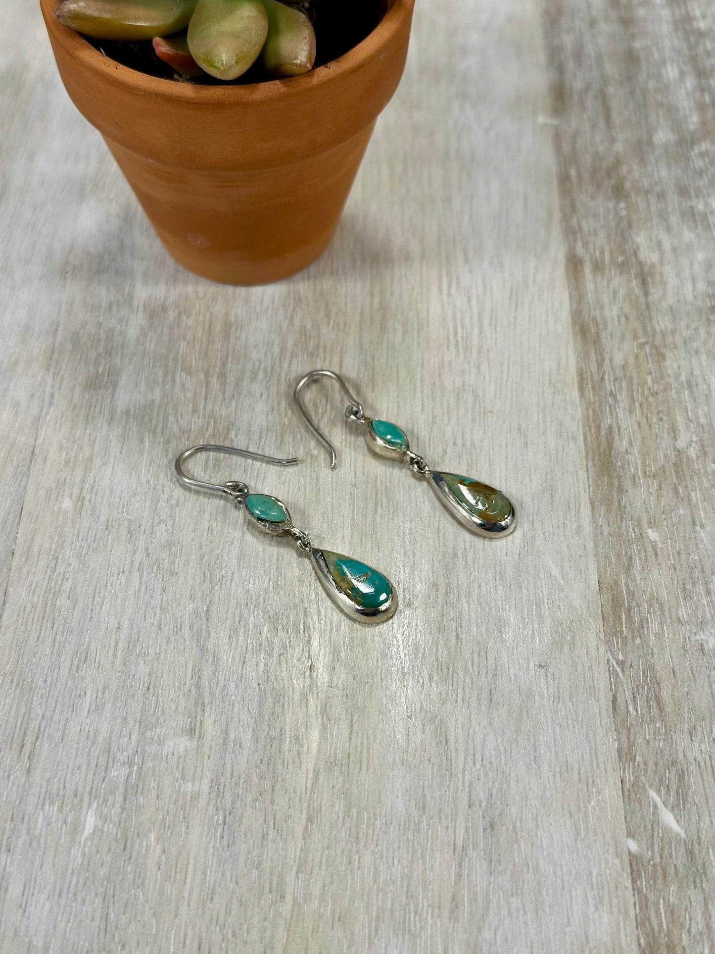 Kingman Turquoise 2 Stone Sterling Silver Dangle Earrings