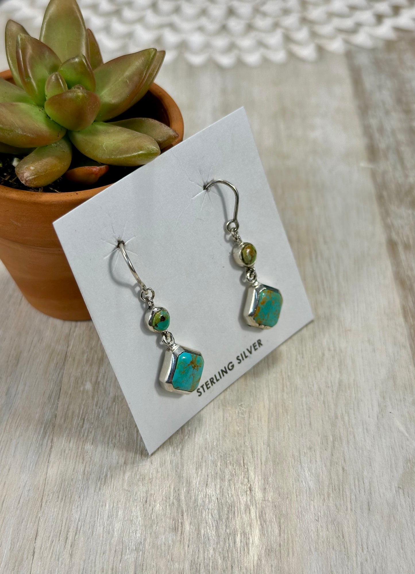 Kingman Turquoise 2 Stone Sterling Silver Dangle Earrings