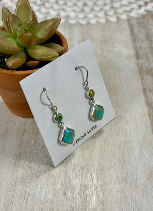 Kingman Turquoise 2 Stone Sterling Silver Dangle Earrings