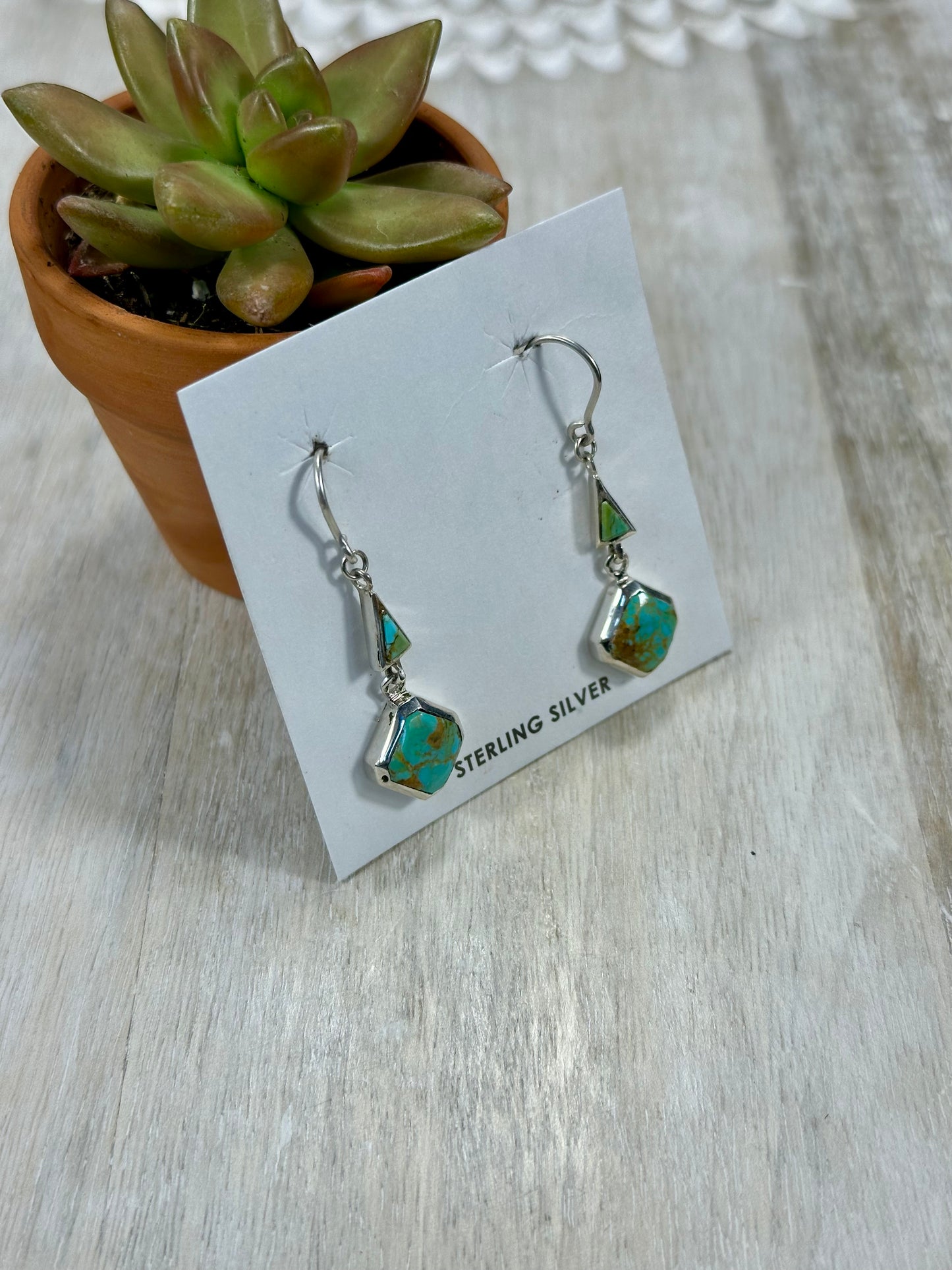 Kingman Turquoise 2 Stone Sterling Silver Dangle Earrings