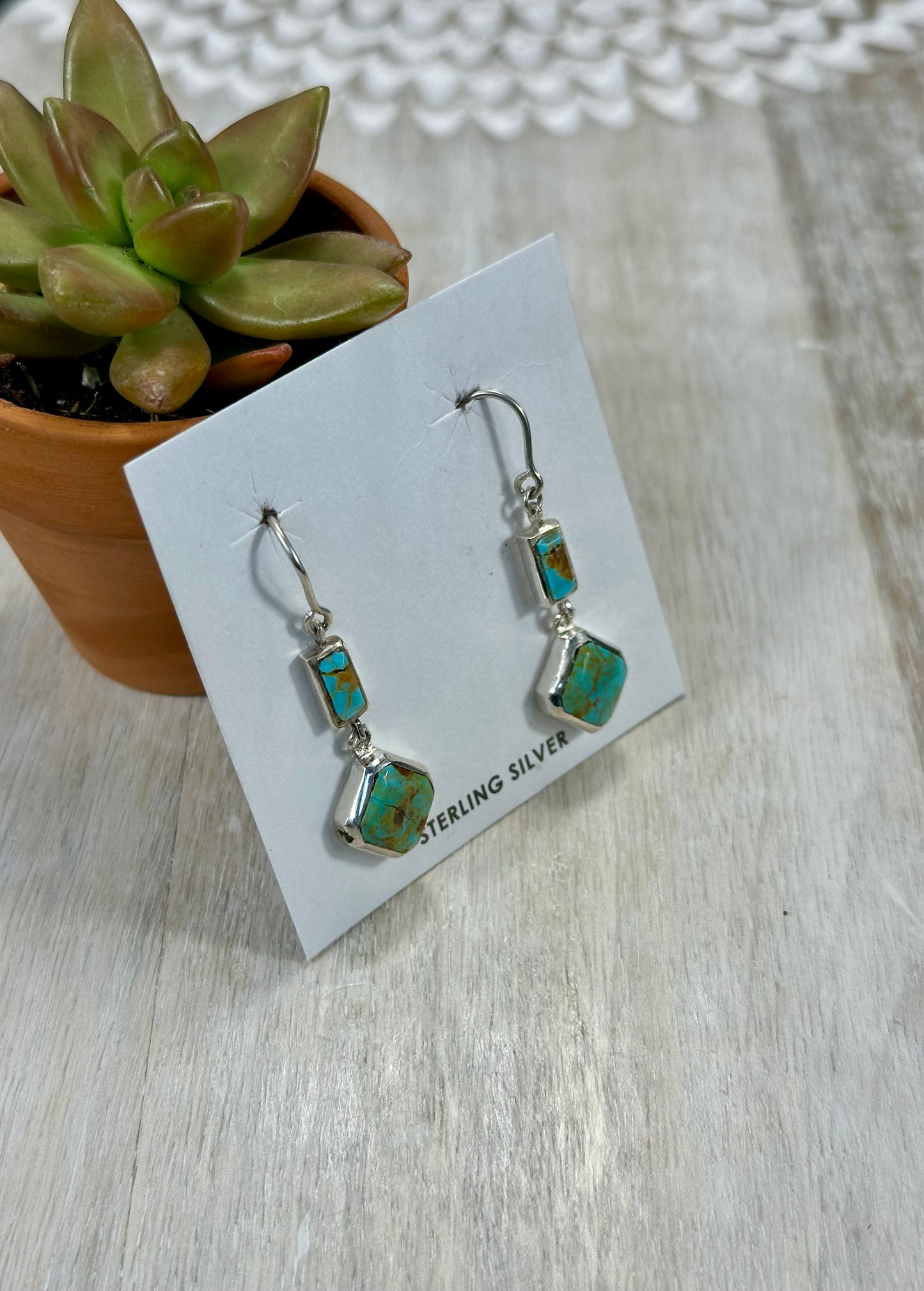 Kingman Turquoise 2 Stone Sterling Silver Dangle Earrings
