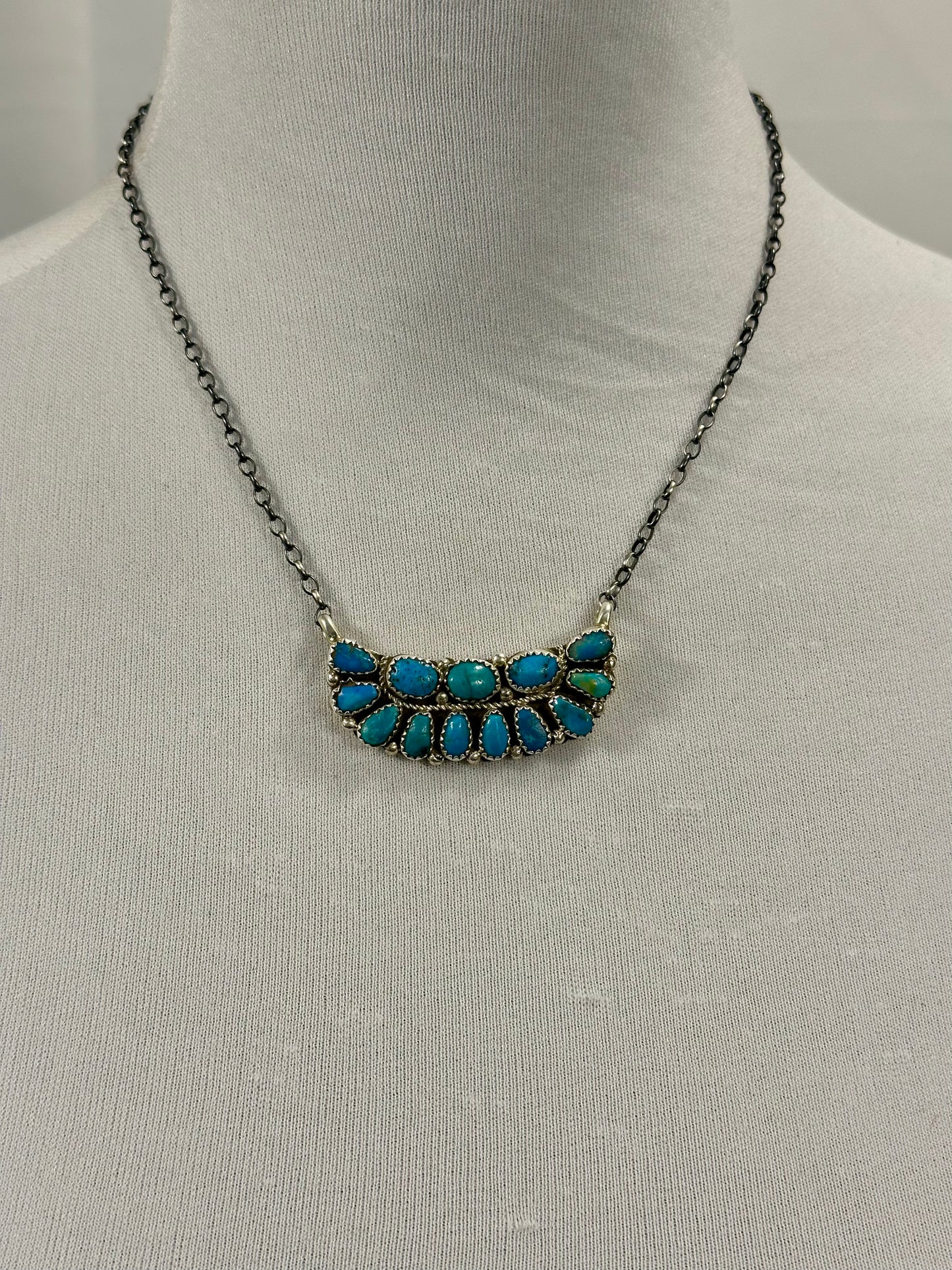 Kingman Turquoise Boat Cluster Sterling Silver Necklace