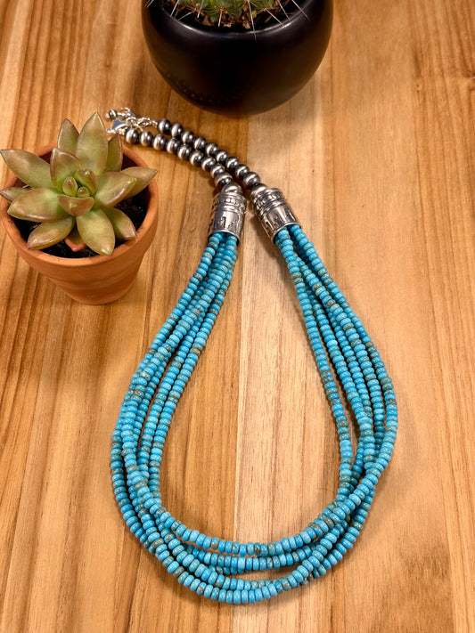 Kingman Turquoise Bead & Sterling Pearl Necklace