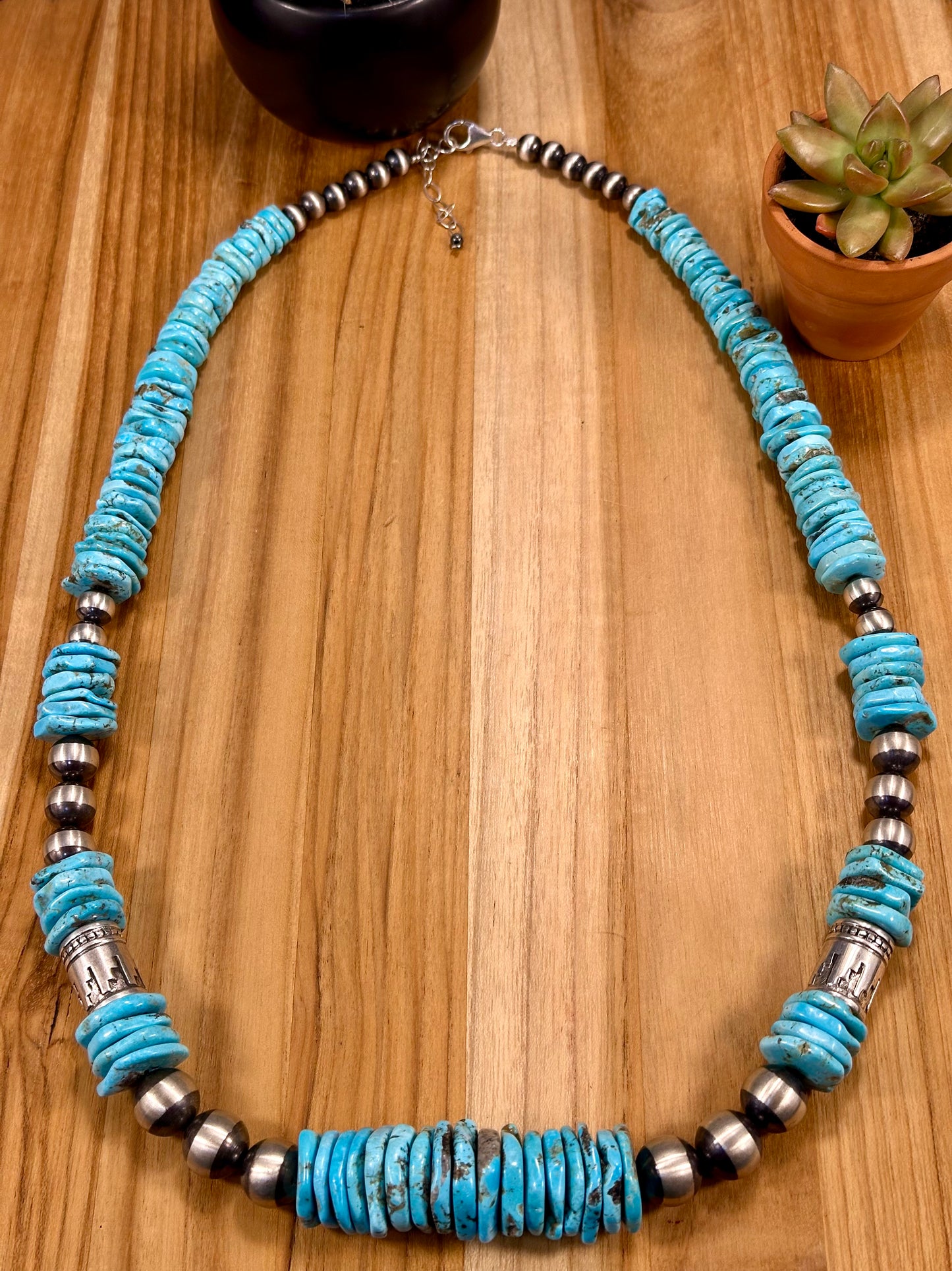 Kingman Turquoise Disc & Sterling Pearl Necklace