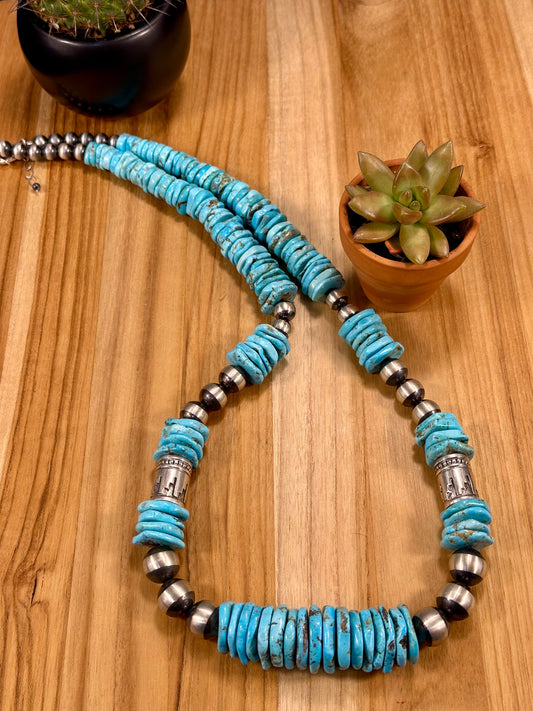 Kingman Turquoise Disc & Sterling Pearl Necklace