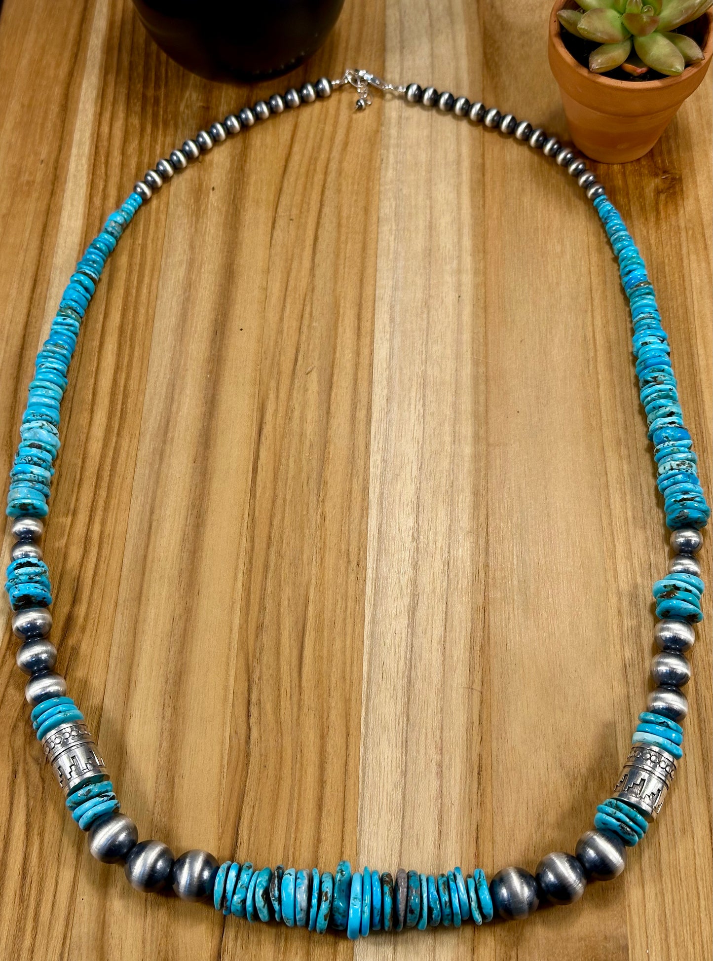 Kingman Turquoise Disc & Sterling Pearl Necklace