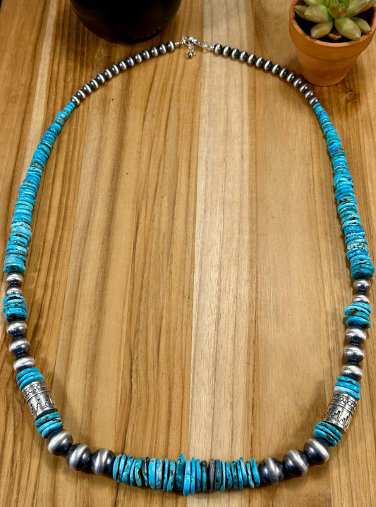 Kingman Turquoise Disc & Sterling Pearl Necklace