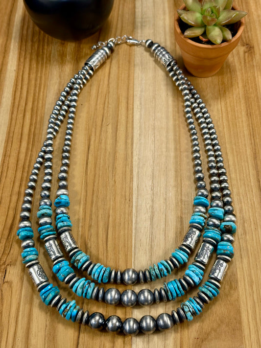 Multi Strand Turquoise and Silver Pearl Necklace