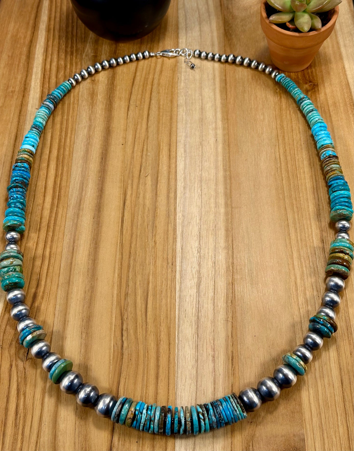 Kingman Turquoise Disc & Sterling Pearl Necklace