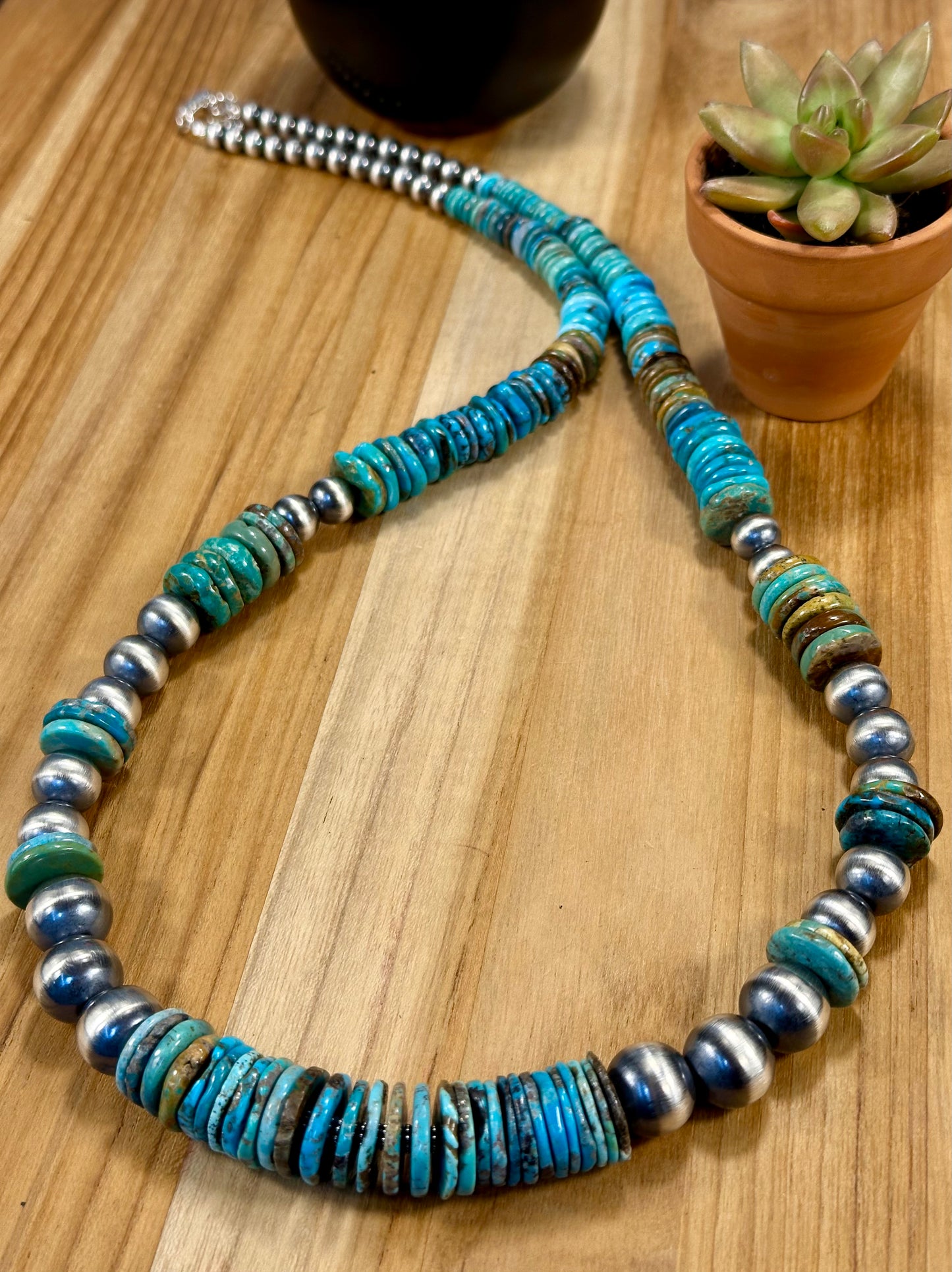 Kingman Turquoise Disc & Sterling Pearl Necklace