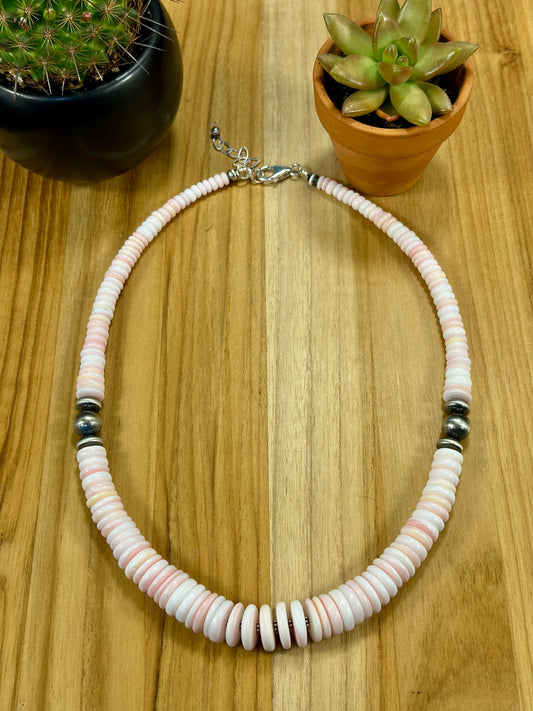 Pink Conch Disc & Sterling Silver Pearl Necklace