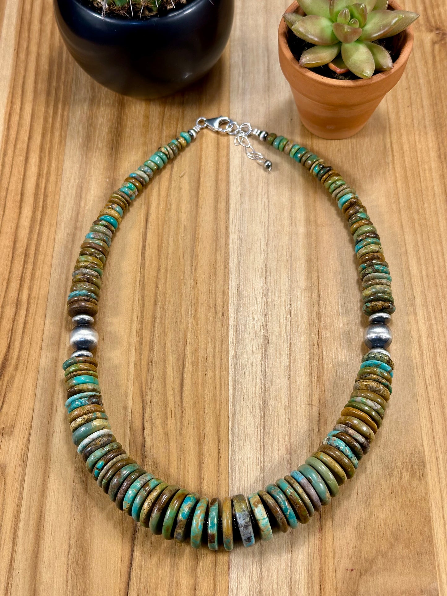 Kingman Turquoise Multi Color Disc & Sterling Silver Pearl Necklace