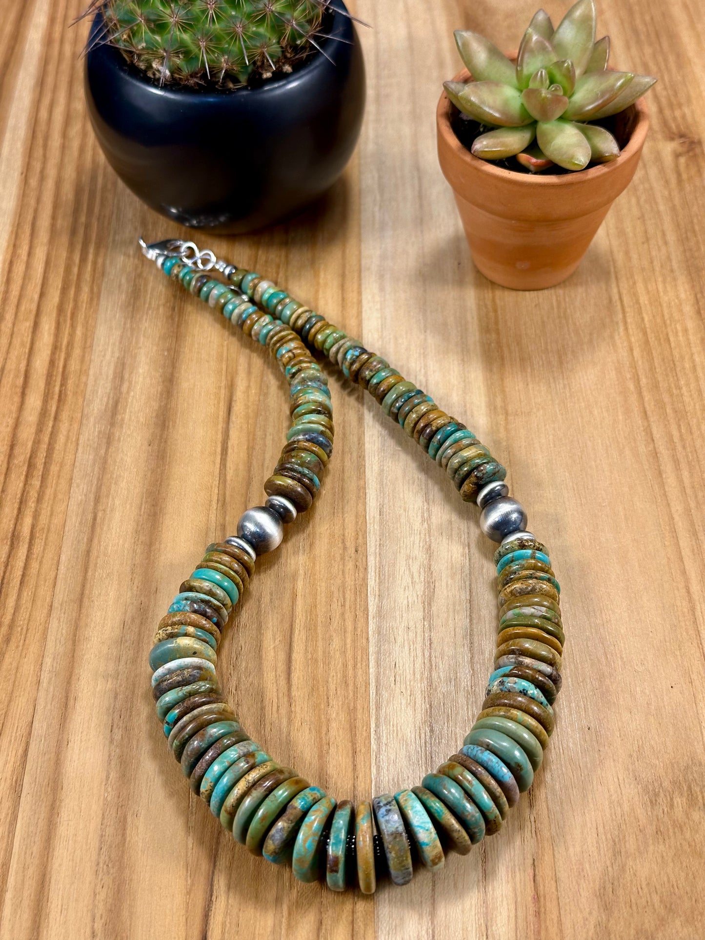 Kingman Turquoise Multi Color Disc & Sterling Silver Pearl Necklace