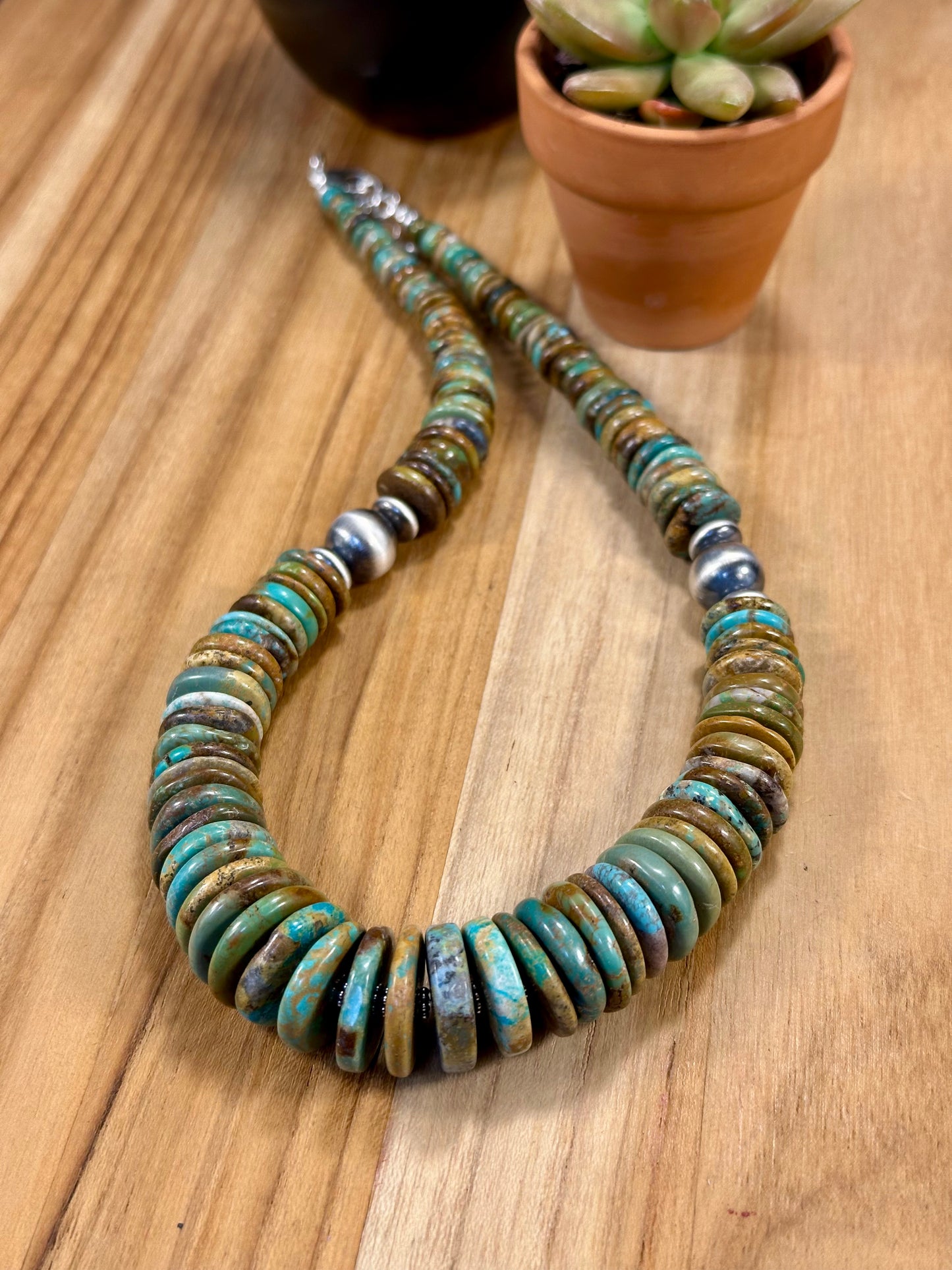 Kingman Turquoise Multi Color Disc & Sterling Silver Pearl Necklace