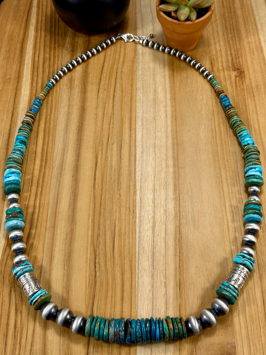 Kingman Turquoise Disc & Sterling Pearl Necklace