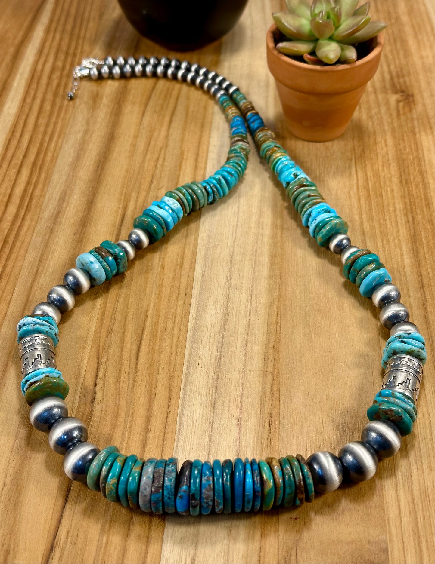 Kingman Turquoise Disc & Sterling Pearl Necklace