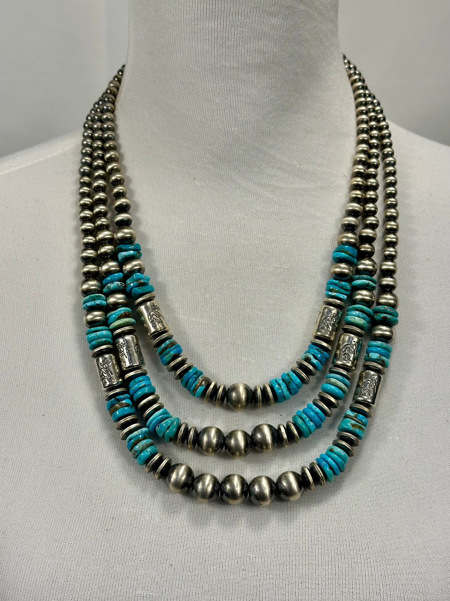Multi Strand Turquoise and Silver Pearl Necklace