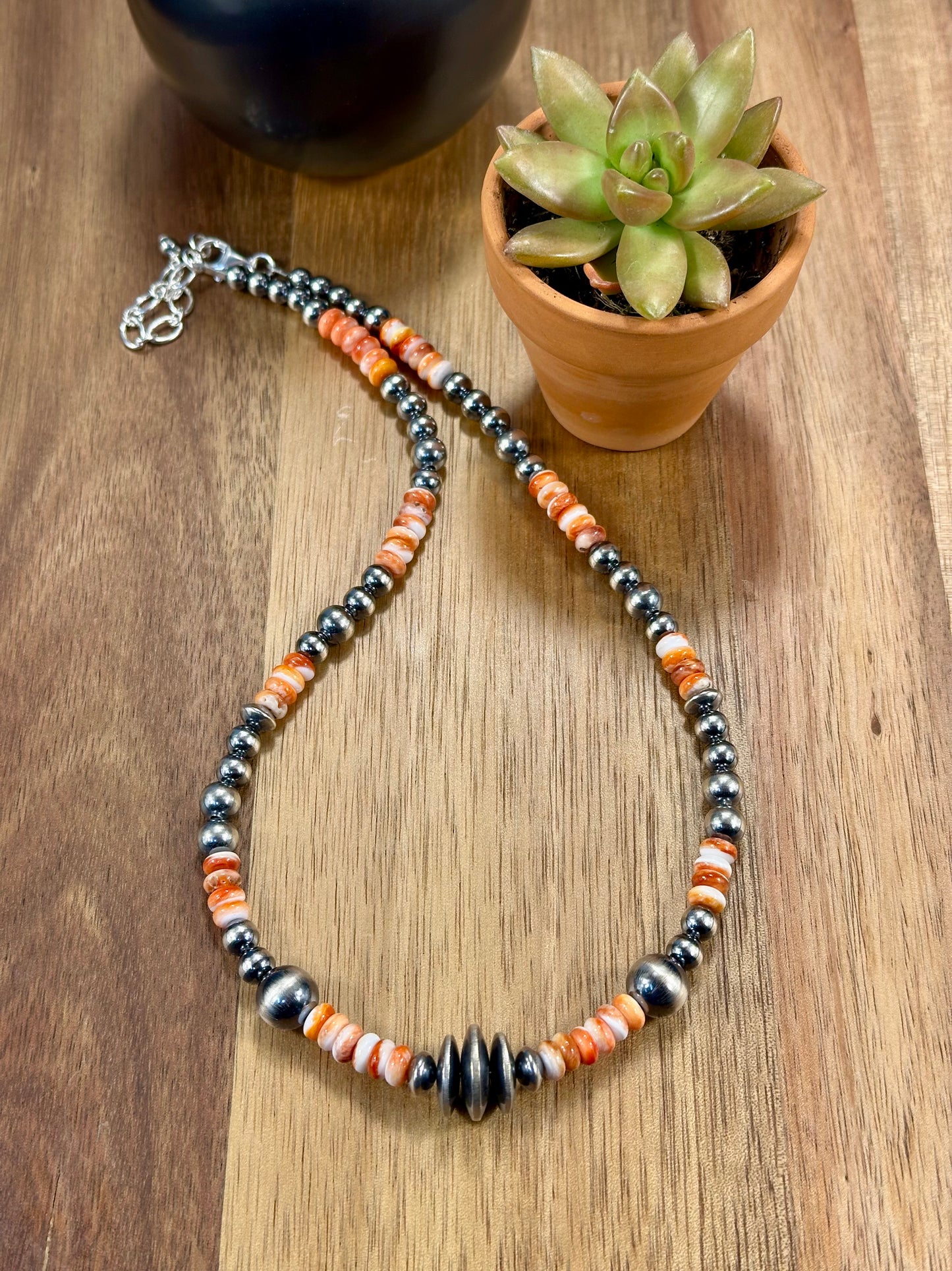 Orange Spiny Oyster & Navajo Pearl Necklace