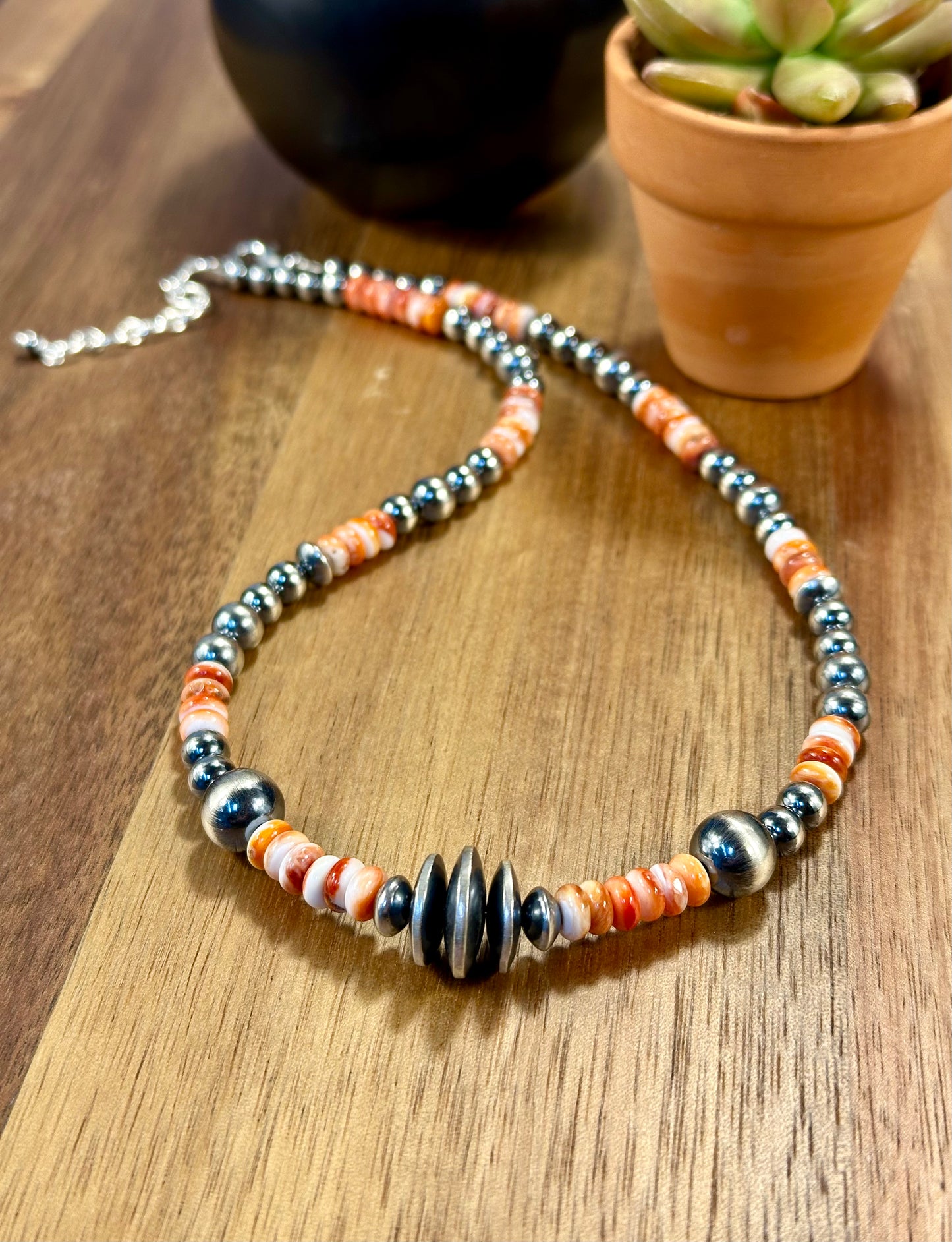 Orange Spiny Oyster & Navajo Pearl Necklace