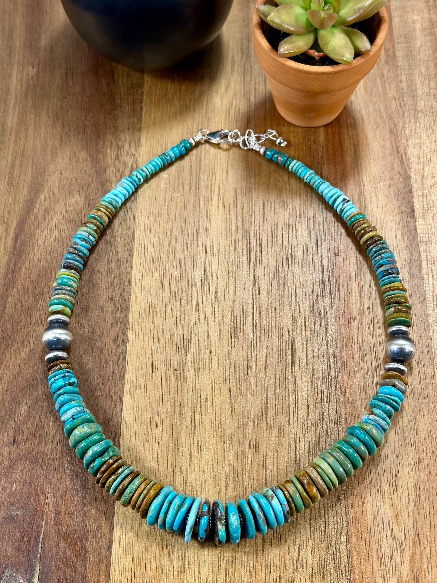 Kingman Turquoise Multi Color Disc & Sterling Silver Pearl Necklace