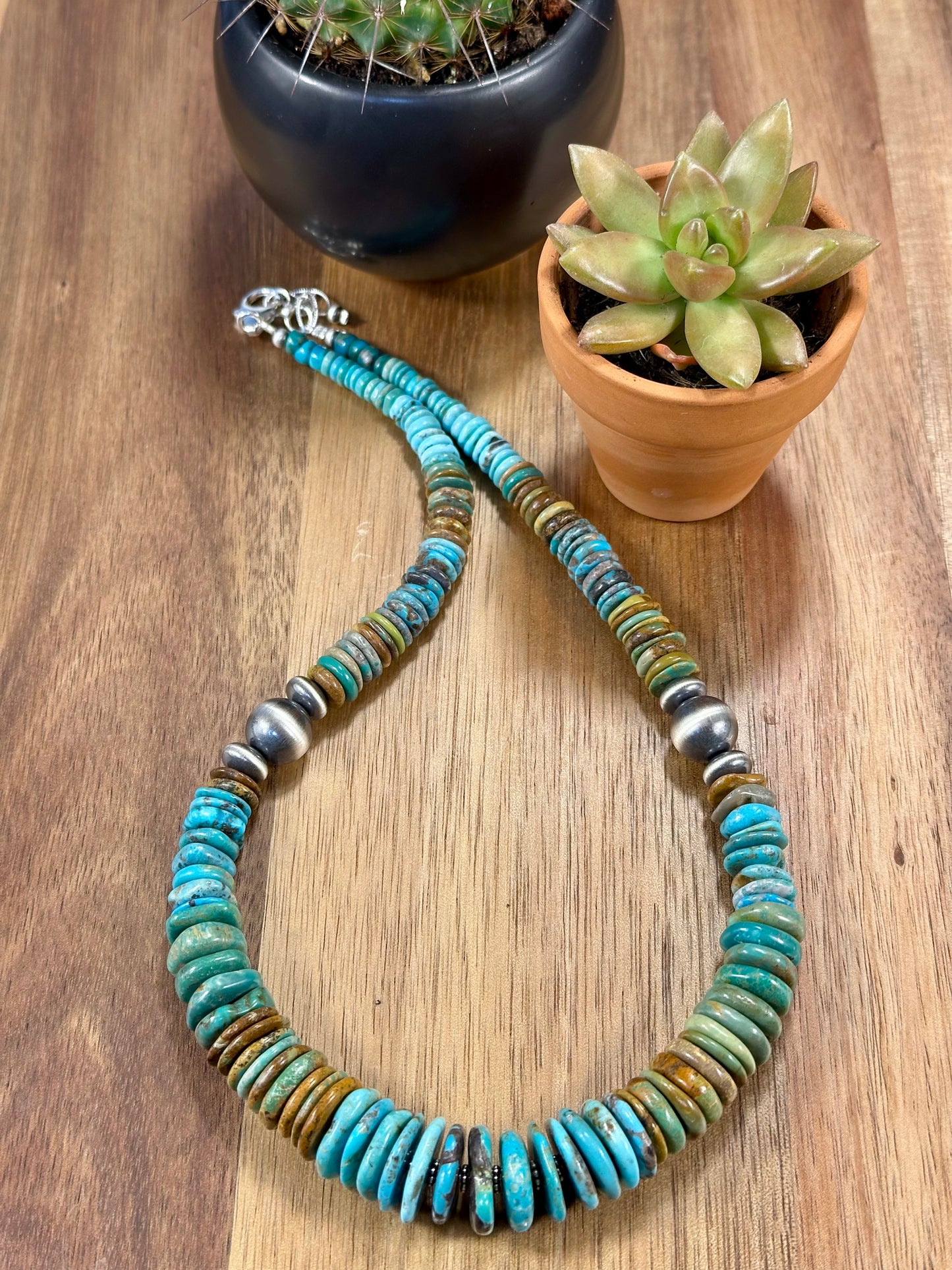 Kingman Turquoise Multi Color Disc & Sterling Silver Pearl Necklace