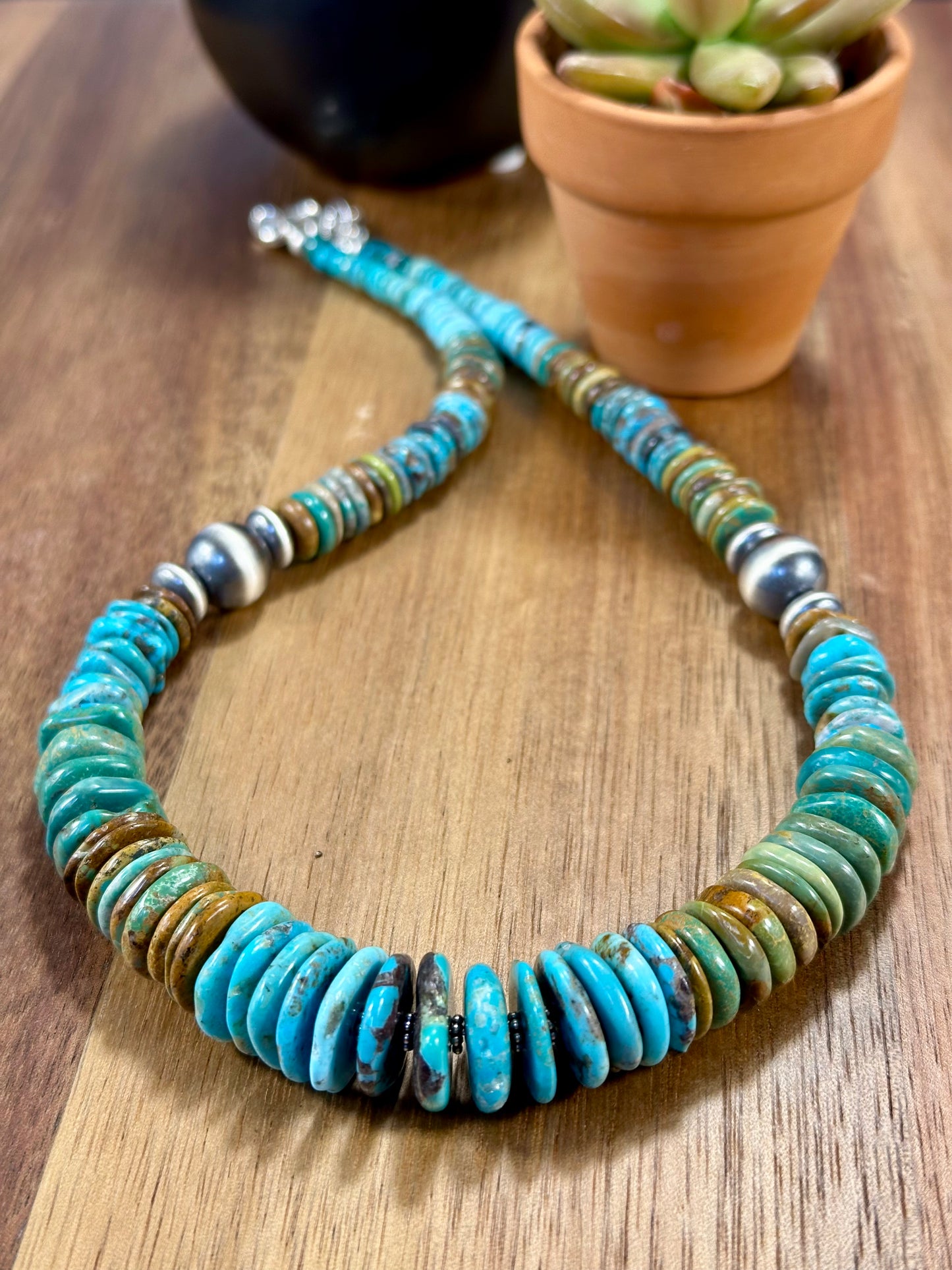 Kingman Turquoise Multi Color Disc & Sterling Silver Pearl Necklace