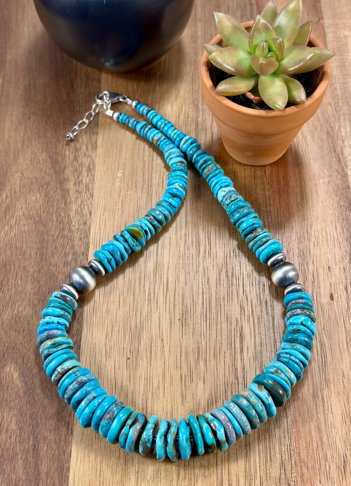 Kingman Turquoise Disc & Sterling Silver Pearl Necklace
