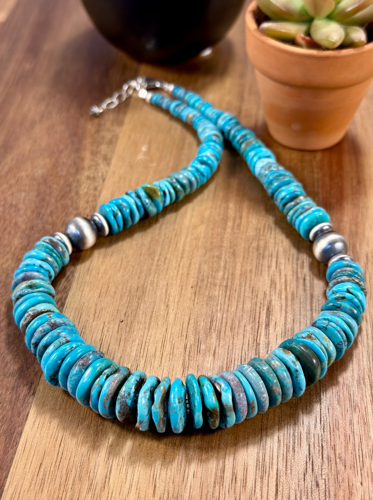 Kingman Turquoise Disc & Sterling Silver Pearl Necklace