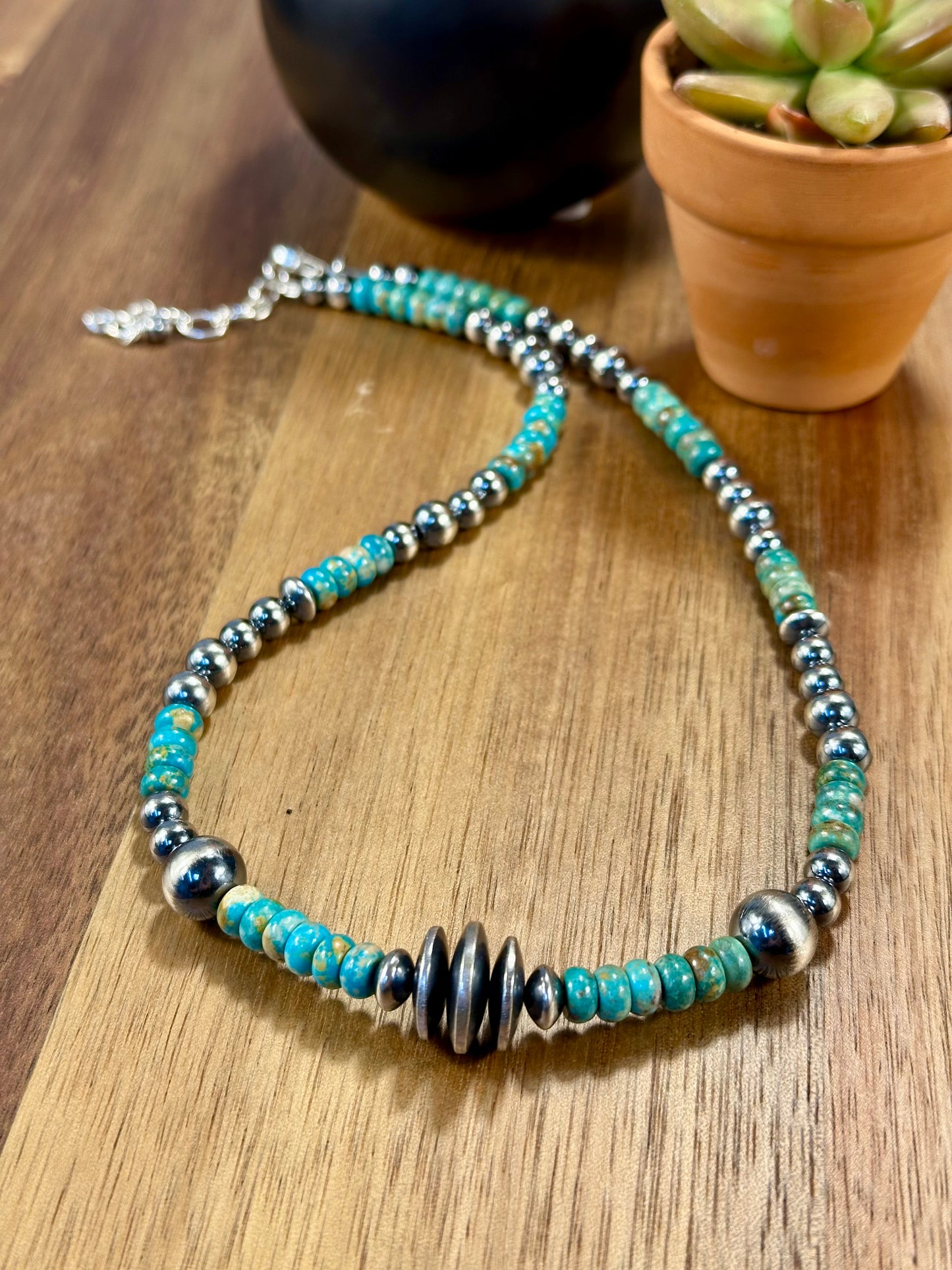 Kingman Turquoise and Sterling Pearl Necklace