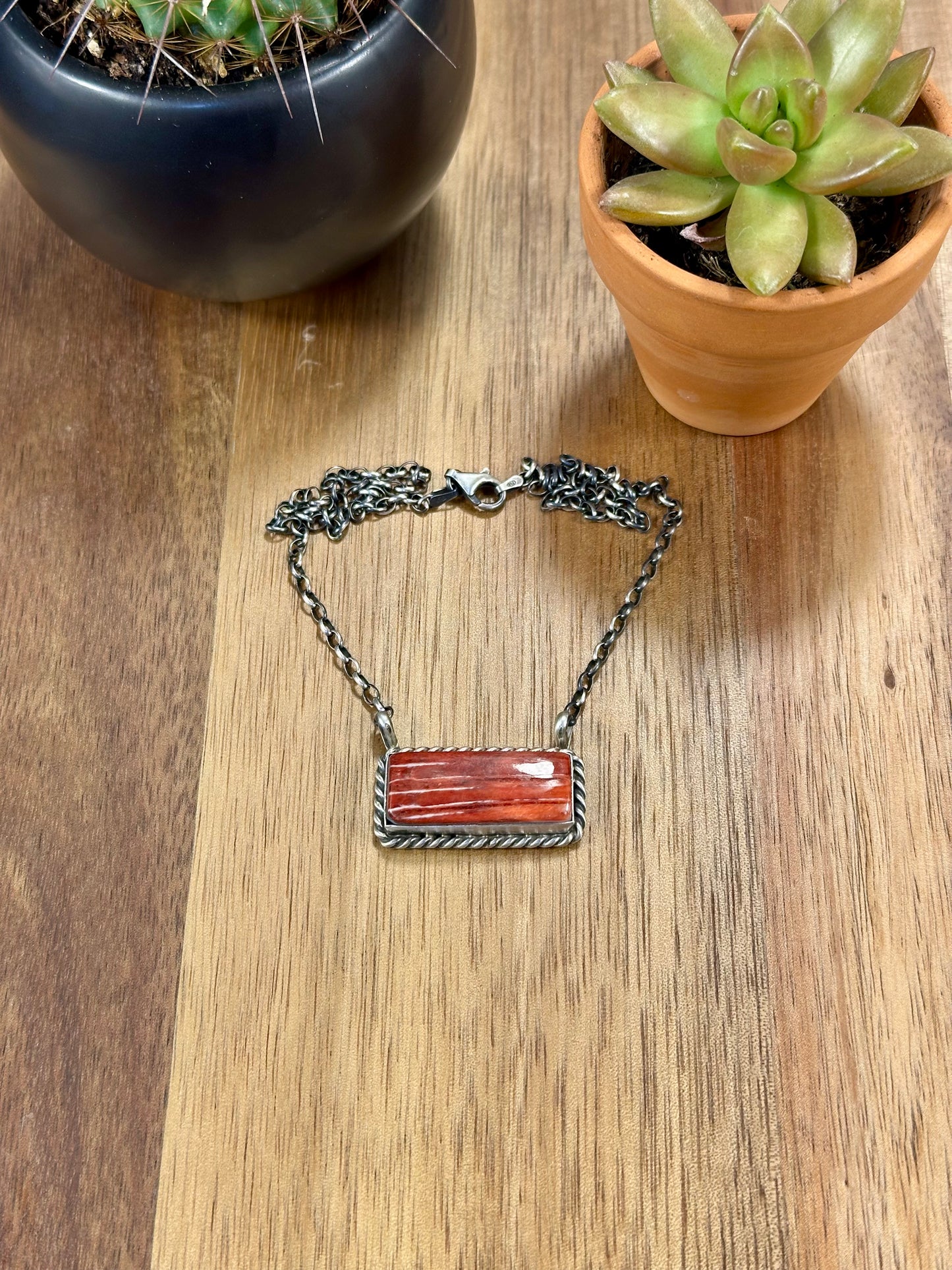 Red Spiny Bar Sterling Silver Necklace
