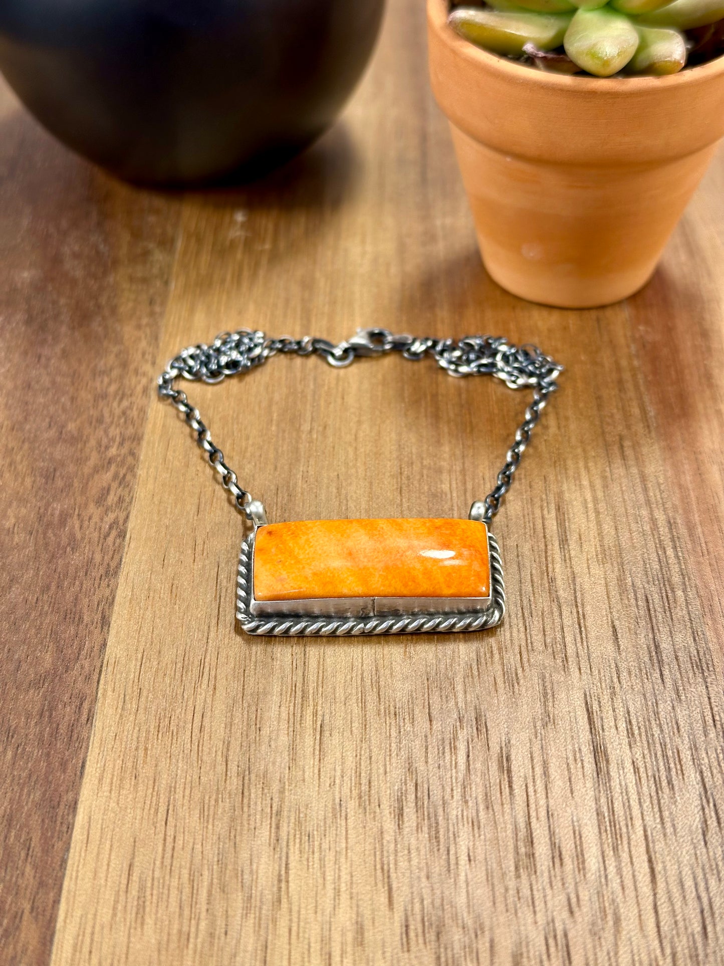 Orange Spiny Bar Sterling Silver Necklace