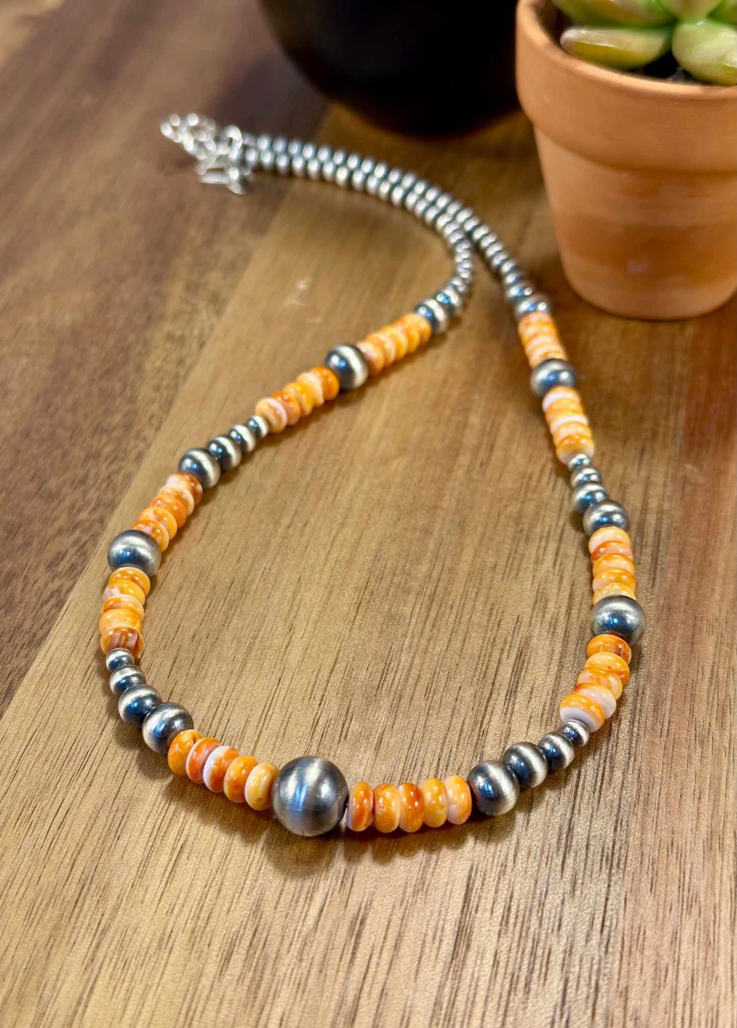 Orange Spiny & Sterling Pearl Necklace