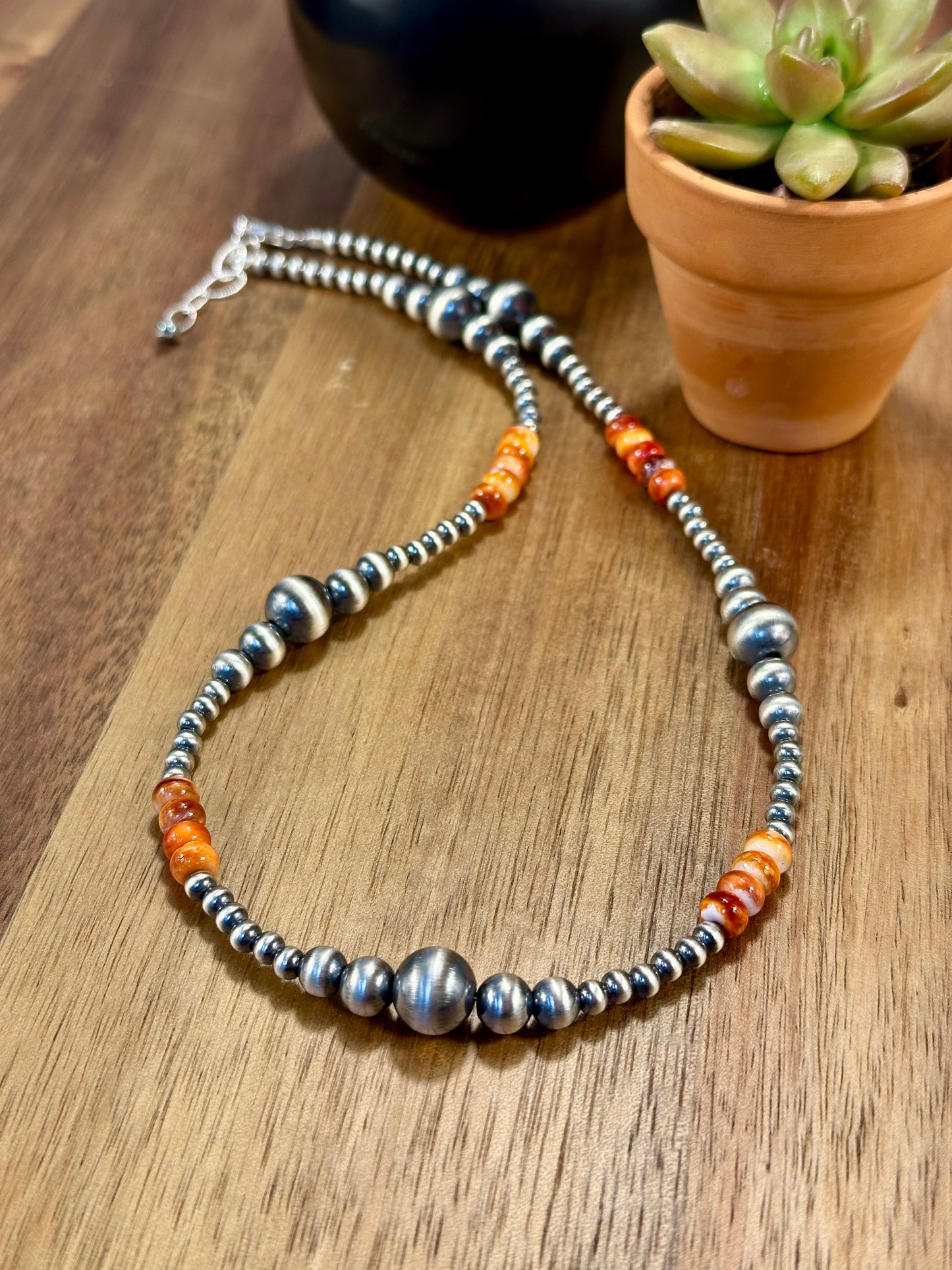 Orange Spiny & Sterling Pearl Necklace