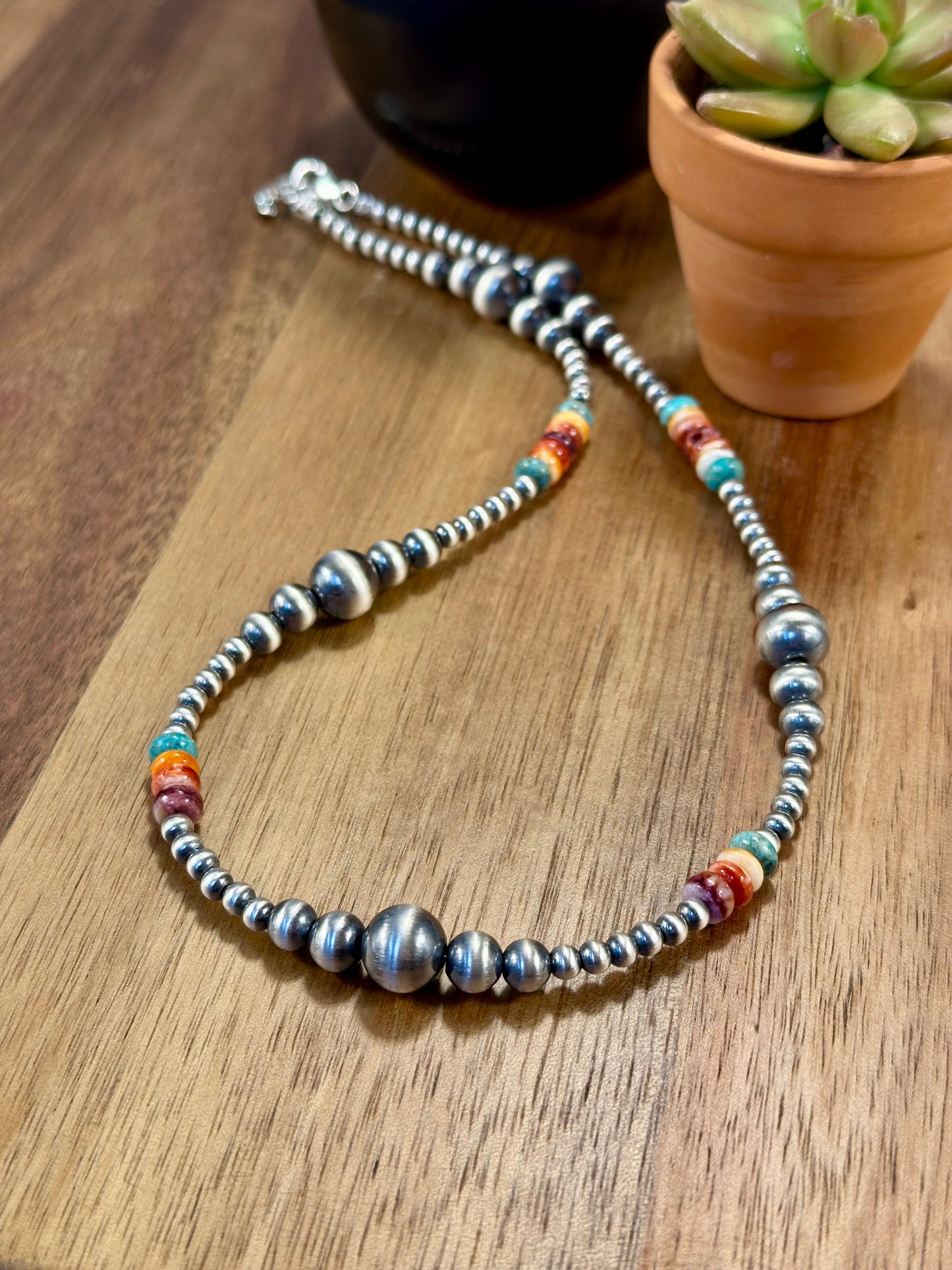 Multi Color Stone & Sterling Pearl Necklace