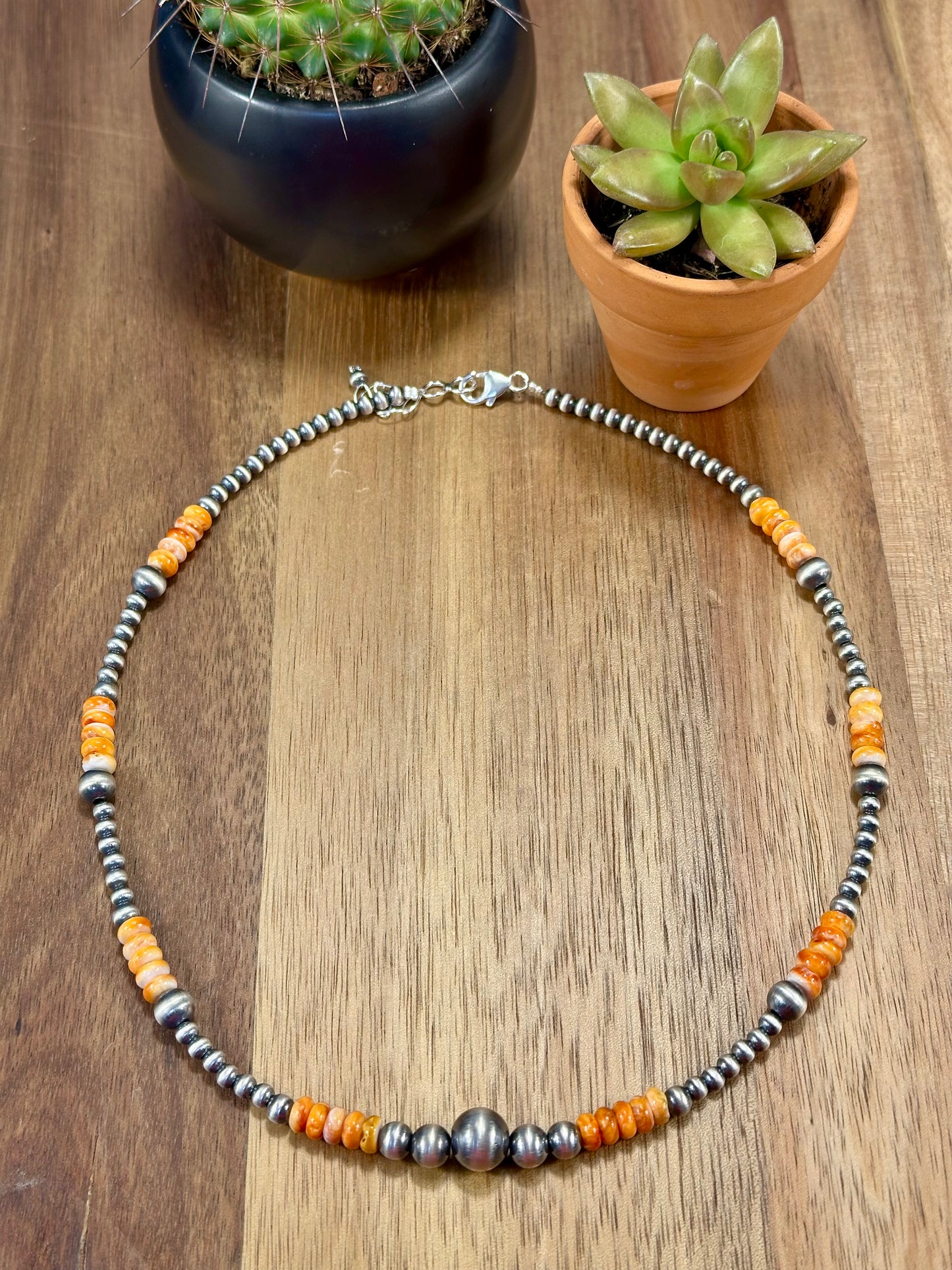 Orange Spiny Oyster & Sterling Pearl Bead Necklace