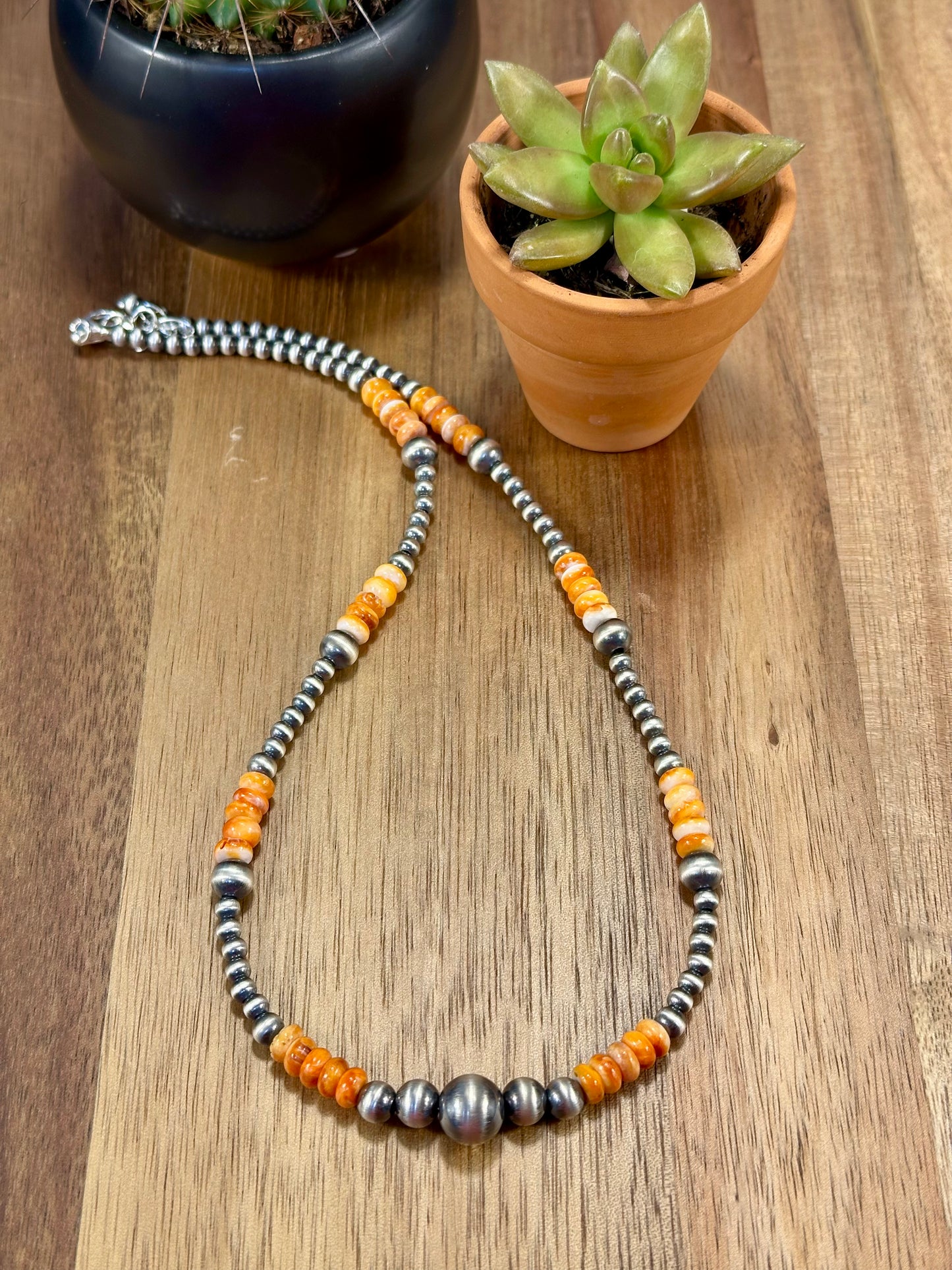 Orange Spiny Oyster & Sterling Pearl Bead Necklace