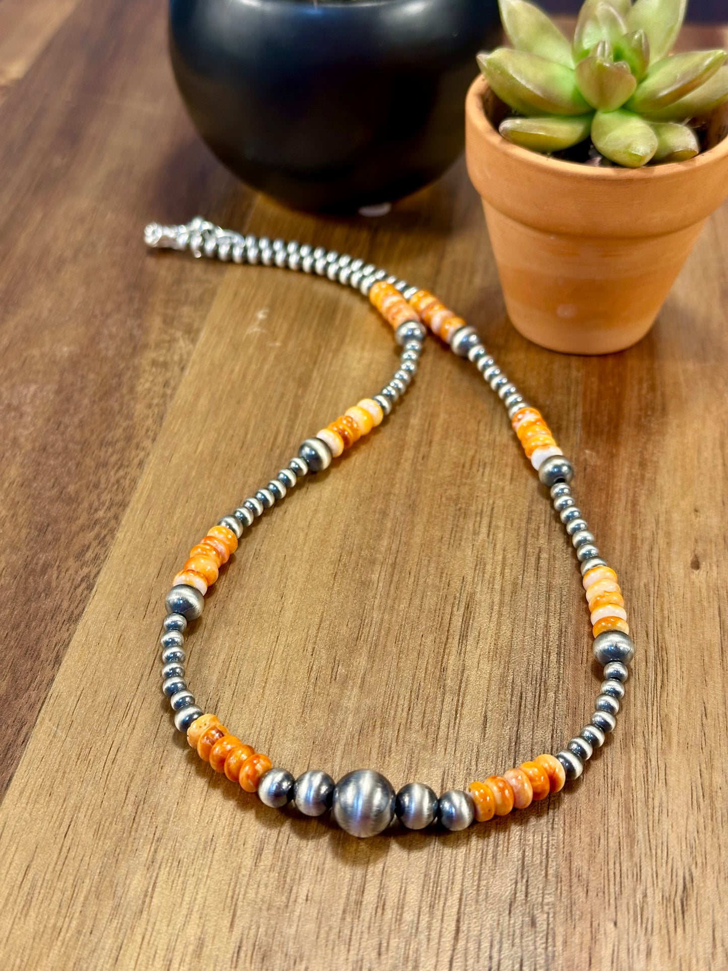 Orange Spiny Oyster & Sterling Pearl Bead Necklace