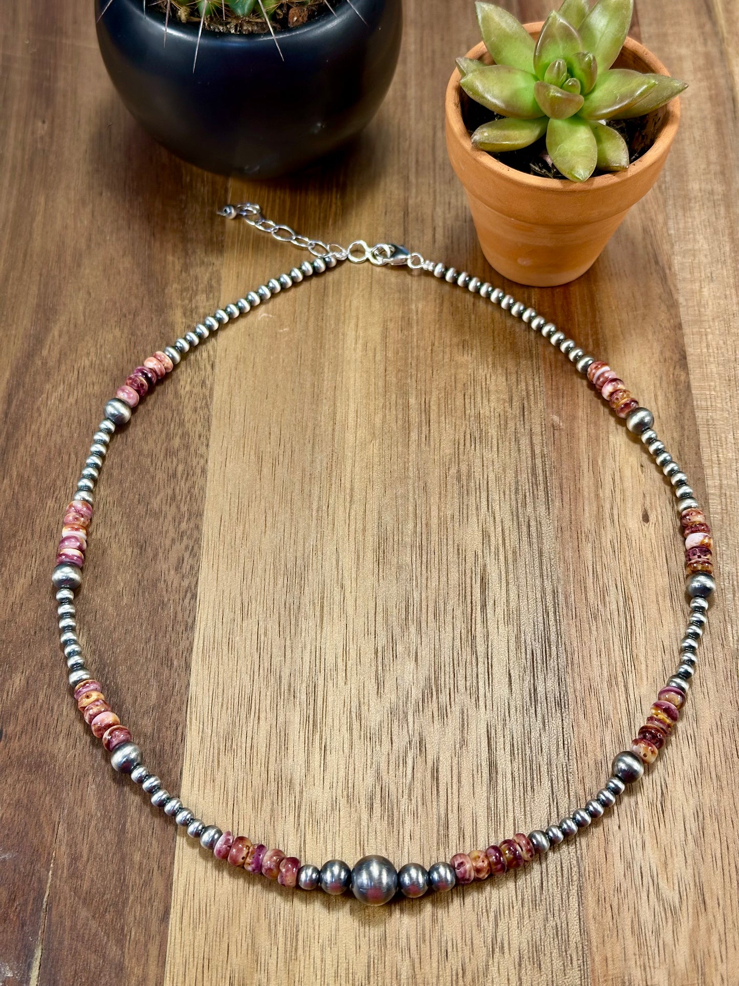 Purple Spiny Oyster and Silver Pearl Bead Necklace