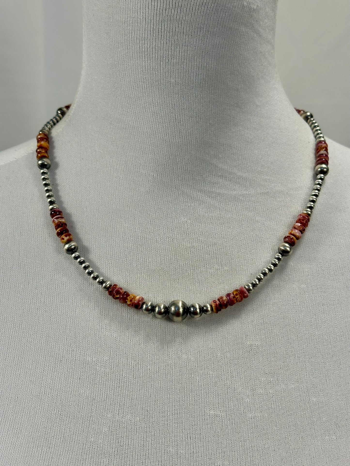 Purple Spiny Oyster and Silver Pearl Bead Necklace
